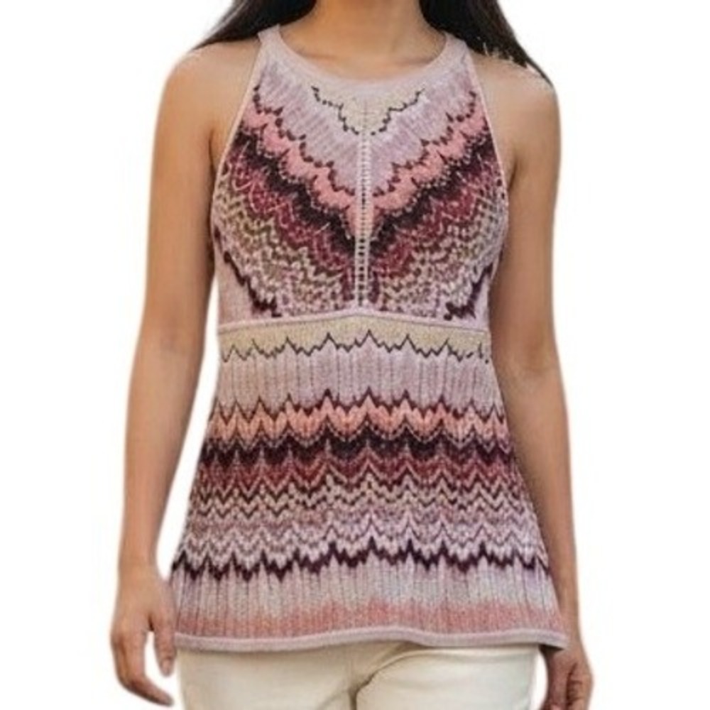 WHITE HOUSE BLACK MARKET Pink Chevron Knit Halter Keyhole Sweater Tank EUC XS